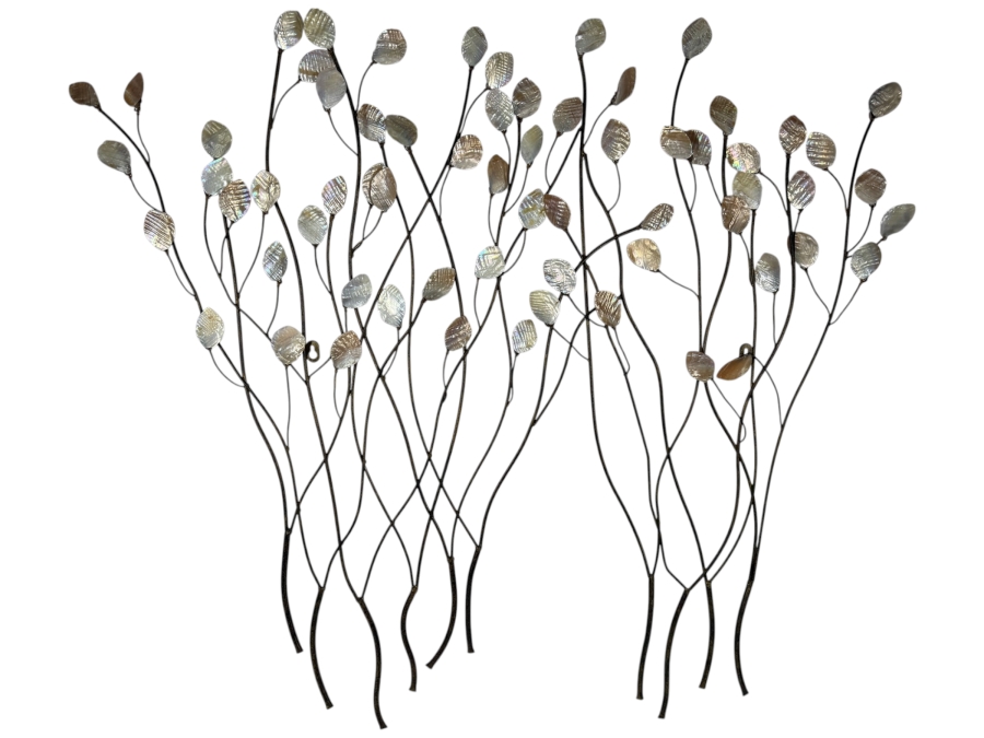 Just Added - Mid-Century Curtis Jere Style Metal Tree Branch Wall Sculpture With Mother Of Pearl Leaves 41'W X 36'H