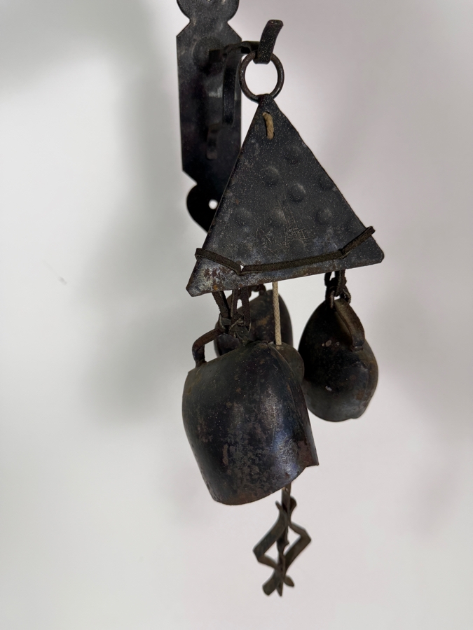 Just Added - Antique Hand-Forged Wrought Iron Multi-Bell Wind Chime With Triangular Crown Hanging Decor 14'H [Photo 2]