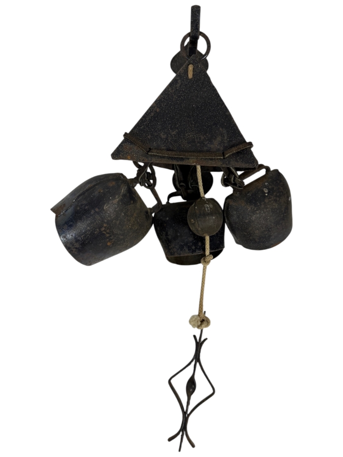 Just Added - Antique Hand-Forged Wrought Iron Multi-Bell Wind Chime With Triangular Crown Hanging Decor 14'H