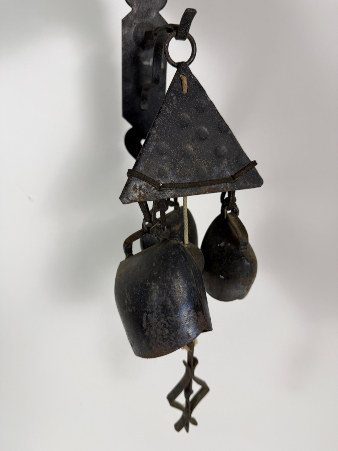 Just Added - Antique Hand-Forged Wrought Iron Multi-Bell Wind Chime With Triangular Crown Hanging Decor 14'H [Photo 3]