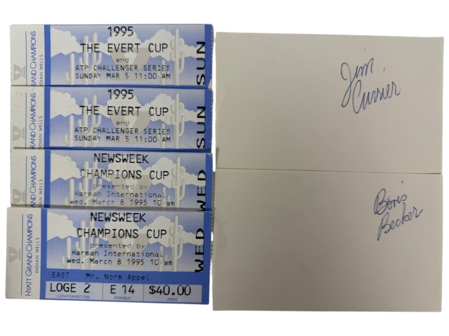 Pro Tennis Players Autographs Of Jim Currier And Boris Becker Plus (2) 1995 Evert Cup ATP Challenger Series Tickets & (2) Newsweek Champions Cup Pro Tennis Tournament Tickets