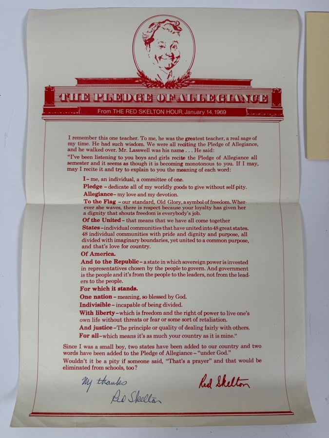 Red Skelton Signed The Pledge Of Allegiance From The Red Skelton Hour Jan. 14, 1969 Plus Additional Autograph Of Red Skelton [Photo 2]