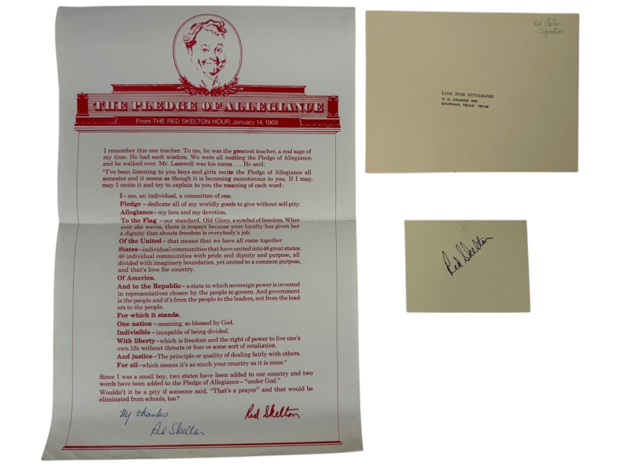 Red Skelton Signed The Pledge Of Allegiance From The Red Skelton Hour Jan. 14, 1969 Plus Additional Autograph Of Red Skelton