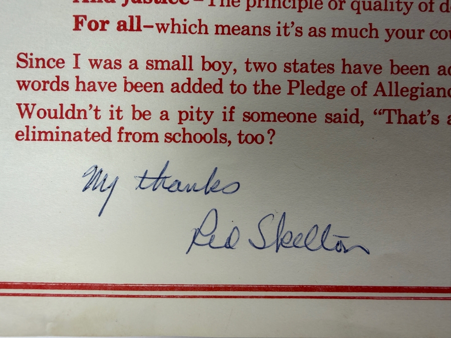 Red Skelton Signed The Pledge Of Allegiance From The Red Skelton Hour Jan. 14, 1969 Plus Additional Autograph Of Red Skelton [Photo 3]