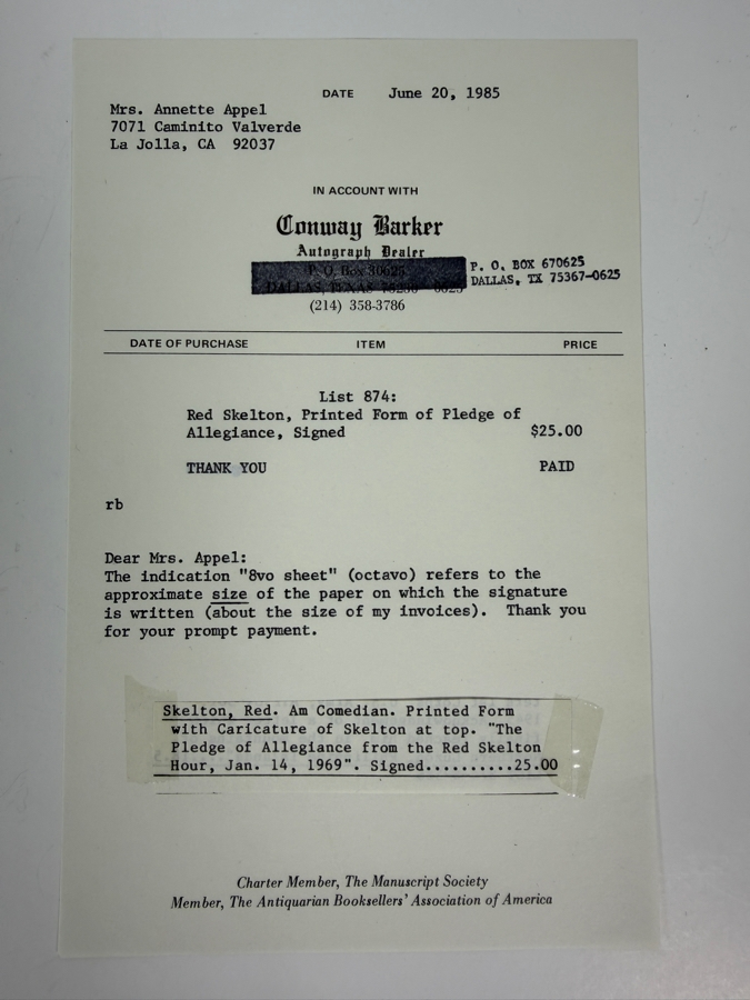 Red Skelton Signed The Pledge Of Allegiance From The Red Skelton Hour Jan. 14, 1969 Plus Additional Autograph Of Red Skelton [Photo 6]