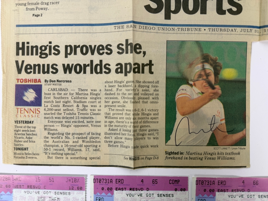 Martina Hingis Autographed San Diego Union-Tribune Story On Her Defeating Venus Williams In The Toshiba Tennis Classic Hosted At La Costa Resort And Spa On July 31, 1997 Plus 3 Tickets And Parking Ticket To The Pro Tennis Tournament [Photo 2]
