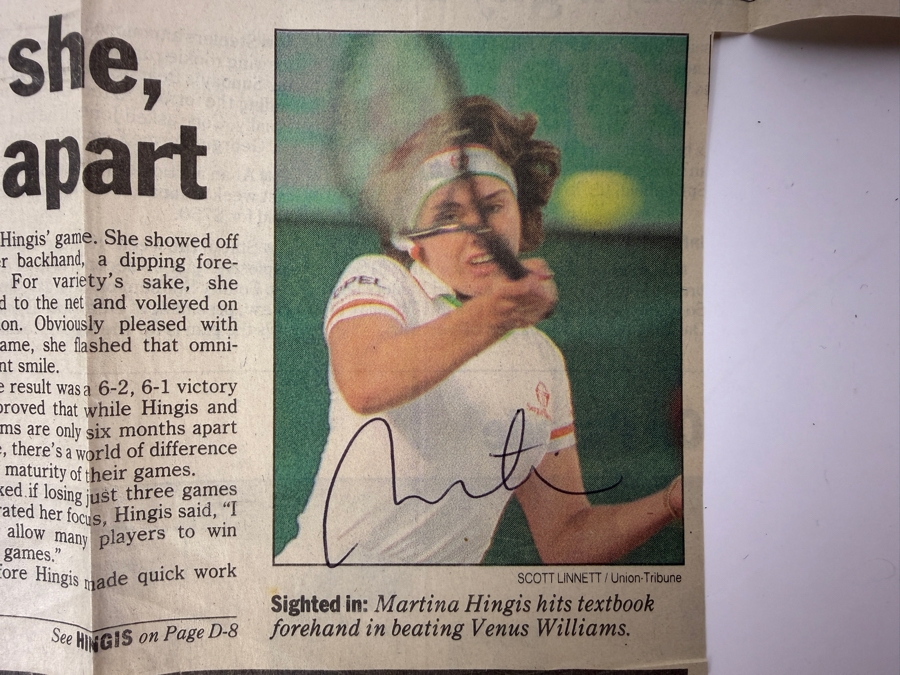 Martina Hingis Autographed San Diego Union-Tribune Story On Her Defeating Venus Williams In The Toshiba Tennis Classic Hosted At La Costa Resort And Spa On July 31, 1997 Plus 3 Tickets And Parking Ticket To The Pro Tennis Tournament [Photo 3]