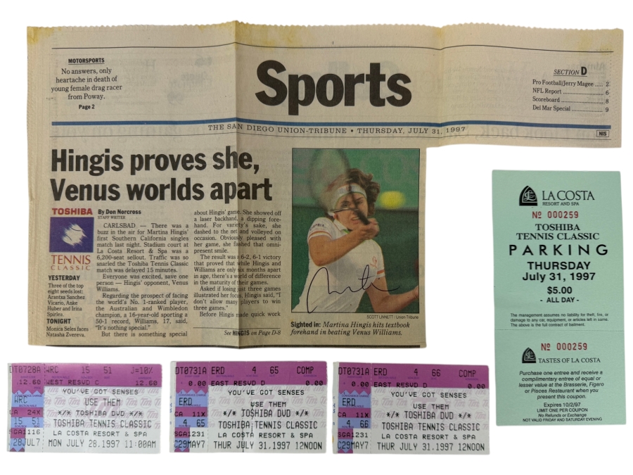 Martina Hingis Autographed San Diego Union-Tribune Story On Her Defeating Venus Williams In The Toshiba Tennis Classic Hosted At La Costa Resort And Spa On July 31, 1997 Plus 3 Tickets And Parking Ticket To The Pro Tennis Tournament