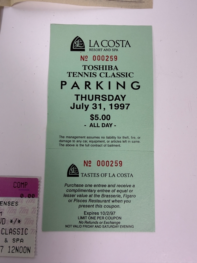 Martina Hingis Autographed San Diego Union-Tribune Story On Her Defeating Venus Williams In The Toshiba Tennis Classic Hosted At La Costa Resort And Spa On July 31, 1997 Plus 3 Tickets And Parking Ticket To The Pro Tennis Tournament [Photo 7]