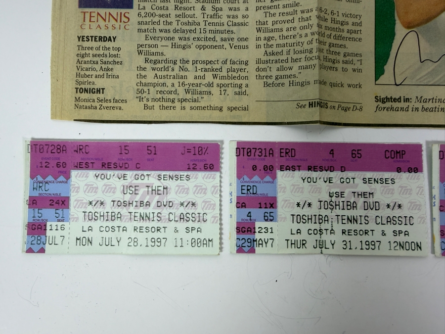 Martina Hingis Autographed San Diego Union-Tribune Story On Her Defeating Venus Williams In The Toshiba Tennis Classic Hosted At La Costa Resort And Spa On July 31, 1997 Plus 3 Tickets And Parking Ticket To The Pro Tennis Tournament [Photo 5]