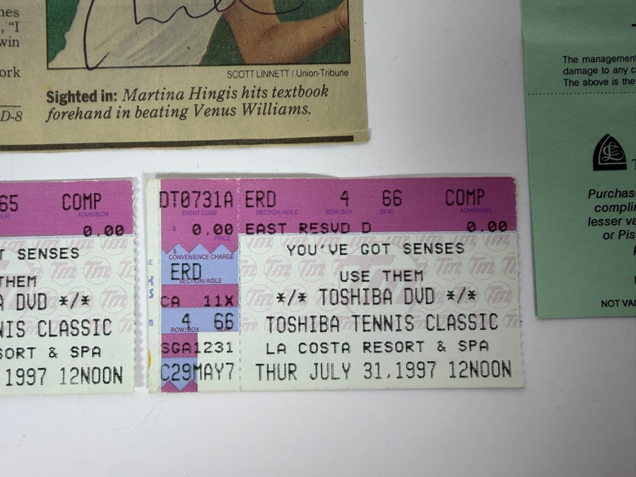 Martina Hingis Autographed San Diego Union-Tribune Story On Her Defeating Venus Williams In The Toshiba Tennis Classic Hosted At La Costa Resort And Spa On July 31, 1997 Plus 3 Tickets And Parking Ticket To The Pro Tennis Tournament [Photo 6]