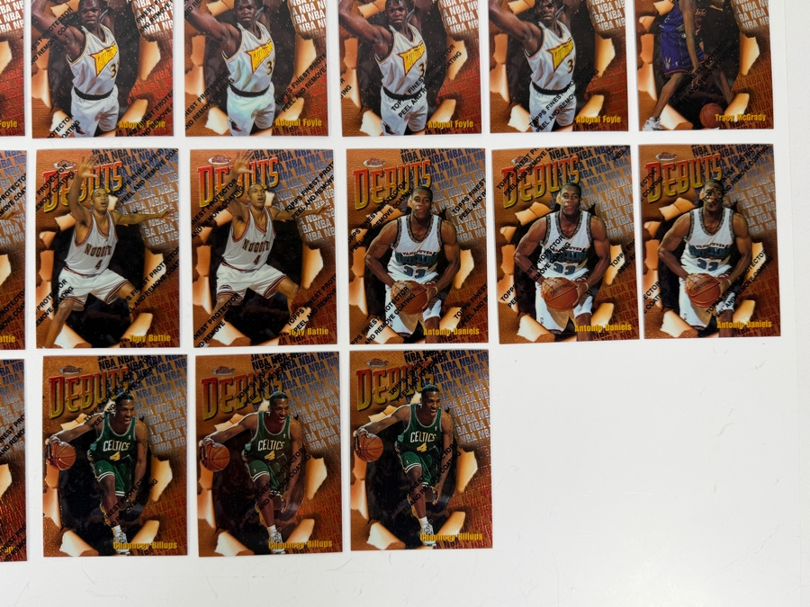 (46) Vintage 1997 Topps Finest Debuts NBA Basketball Cards With The Original Protective Coating Intact Featuring (4) Tracy McGrady Rookie Cards, (4) Antonio Daniels Rookie Cards And (5) Chauncey Billups Rookie Cards [Photo 7]