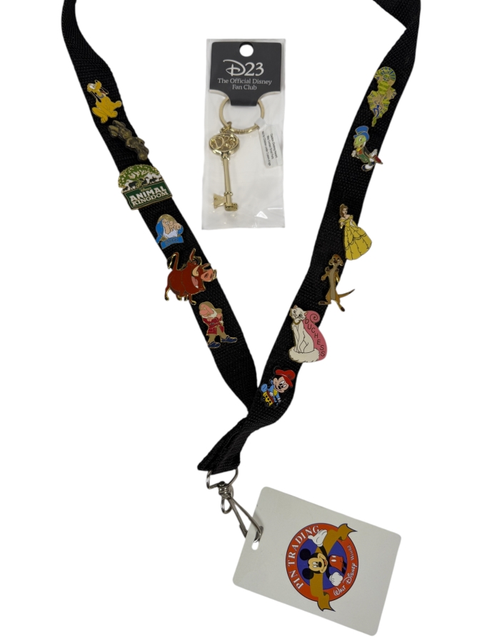 Collection Of Disney Trading Pins With Lanyard And New D23 Keychain