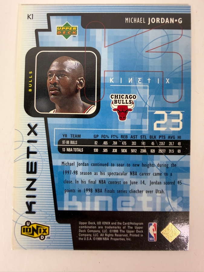 1998 Upper Deck Ionix Kinetix Michael Jordan #K1 NBA Basketball Trading Card [Photo 2]