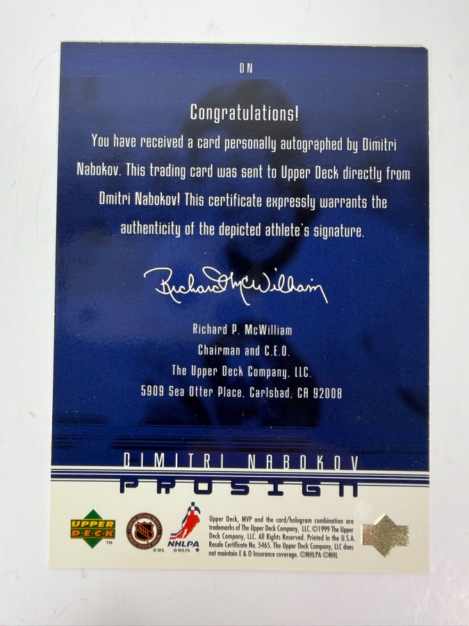 Dmitri Nabokov Signed 1998-99 Upper Deck ProSign NHL Professional Hockey Trading Card [Photo 2]