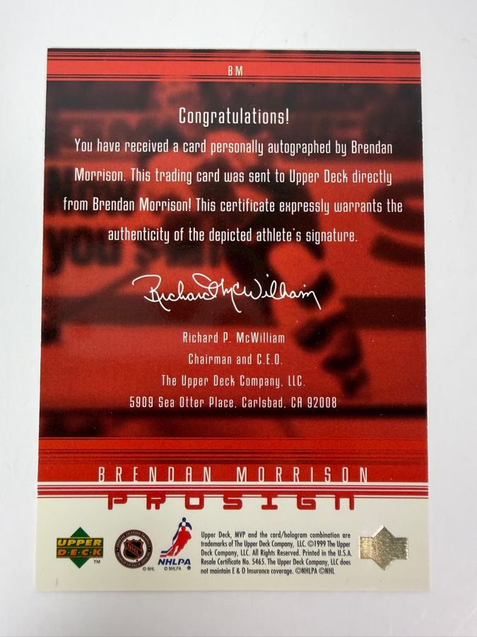 Brendan Morrison Signed 1998-99 Upper Deck ProSign NHL Professional Hockey Trading Card [Photo 2]