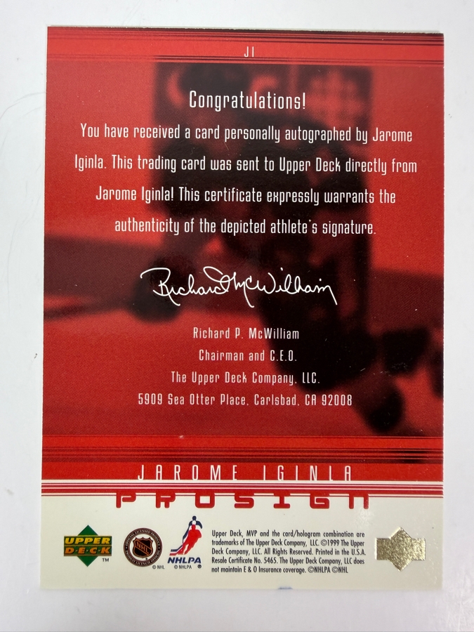 Jarome Iginla Signed 1998-99 Upper Deck ProSign NHL Professional Hockey Trading Card [Photo 2]