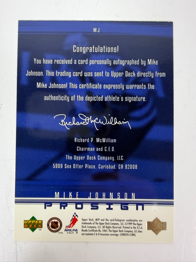 Mike Johnson Signed 1998-99 Upper Deck ProSign NHL Professional Hockey Trading Card [Photo 2]
