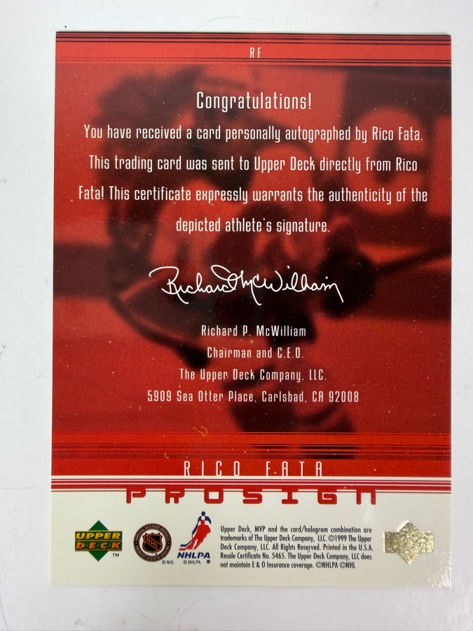 Rico Fata Signed 1998-99 Upper Deck ProSign NHL Professional Hockey Trading Card [Photo 2]