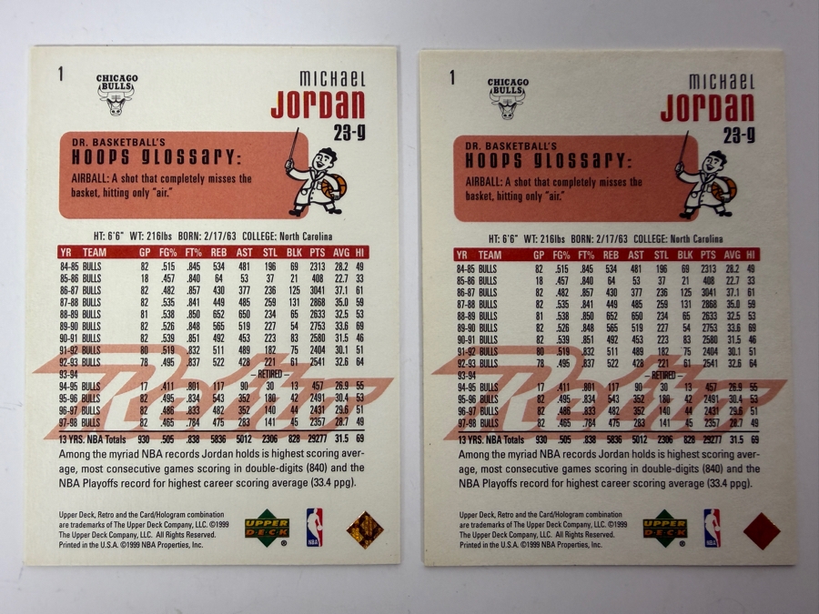 Pair Of 1999-00 Upper Deck Retro #1 Michael Jordan NBA Basketball Trading Cards [Photo 3]