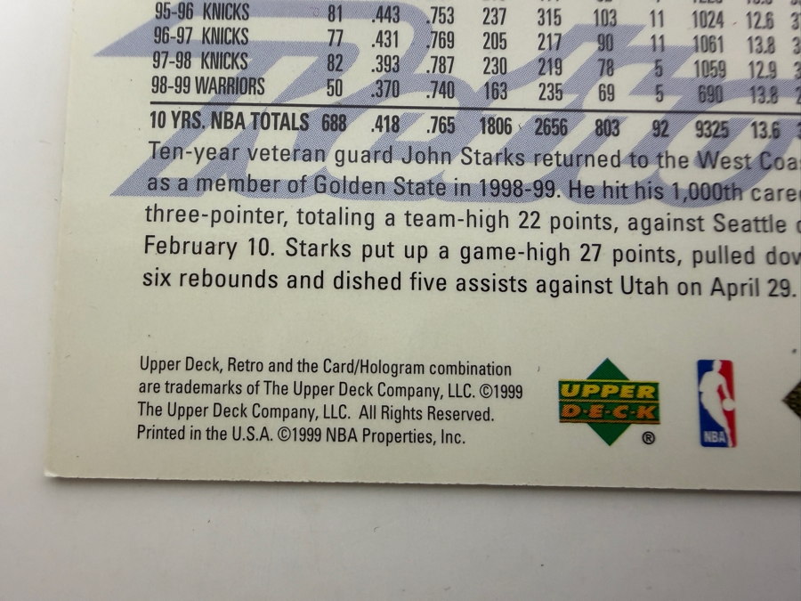 Limited Edition 1999-00 Upper Deck Retro John Starks NBA Basketball Card And A Limited Edition 1999 Upper Deck Retro NBA New School Shareef Abdur-Rahim Card [Photo 3]