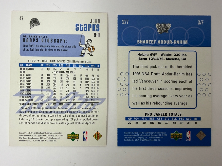 Limited Edition 1999-00 Upper Deck Retro John Starks NBA Basketball Card And A Limited Edition 1999 Upper Deck Retro NBA New School Shareef Abdur-Rahim Card [Photo 2]