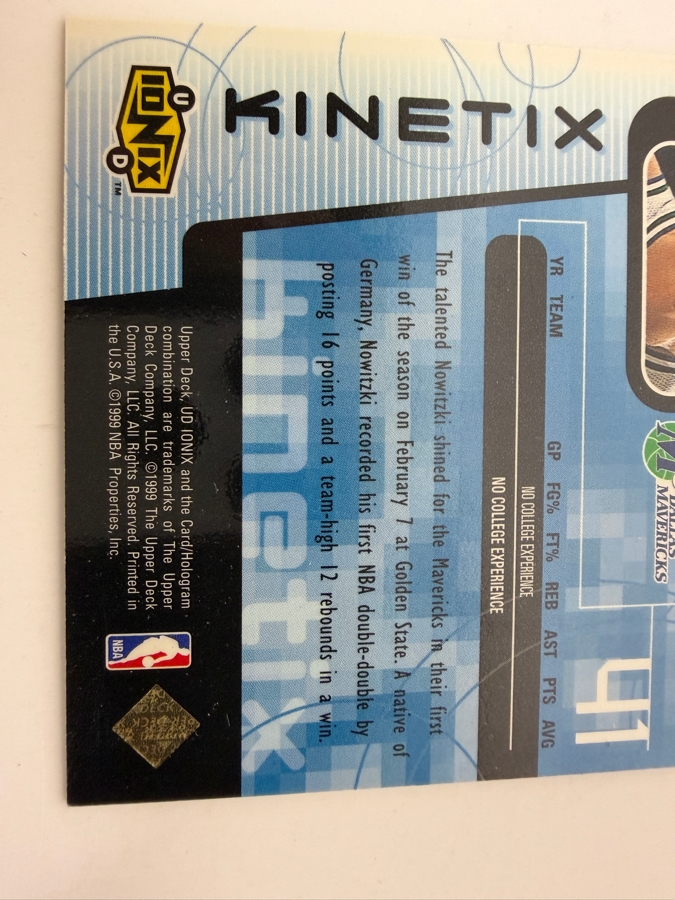 1998-99 Upper Deck Ionix Kinetix Dirk Nowitzki Rookie NBA Basketball Insert Card (#K11) Featuring Holographic Foil Technology [Photo 3]