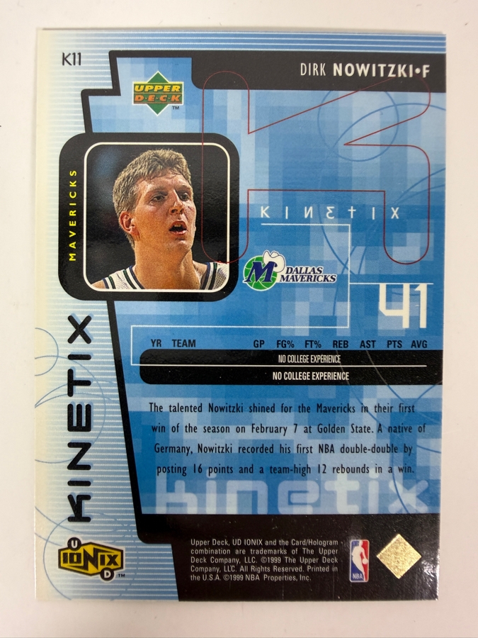 1998-99 Upper Deck Ionix Kinetix Dirk Nowitzki Rookie NBA Basketball Insert Card (#K11) Featuring Holographic Foil Technology [Photo 2]