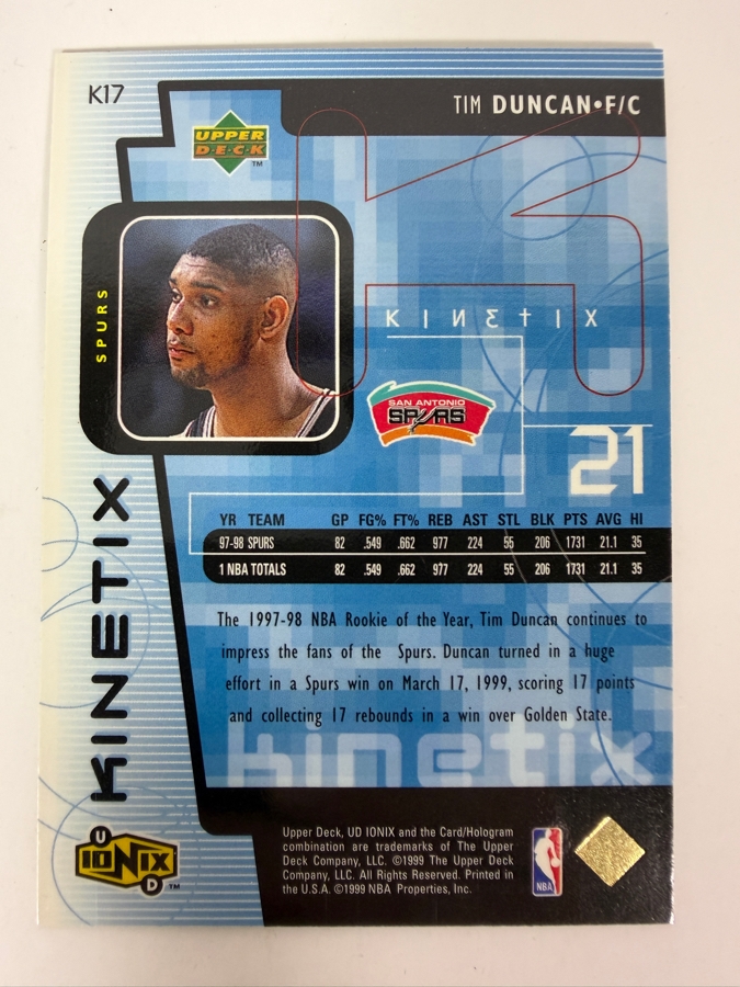 1998-99 Upper Deck Ionix Kinetix #K17 Tim Duncan NBA Basketball Card [Photo 2]