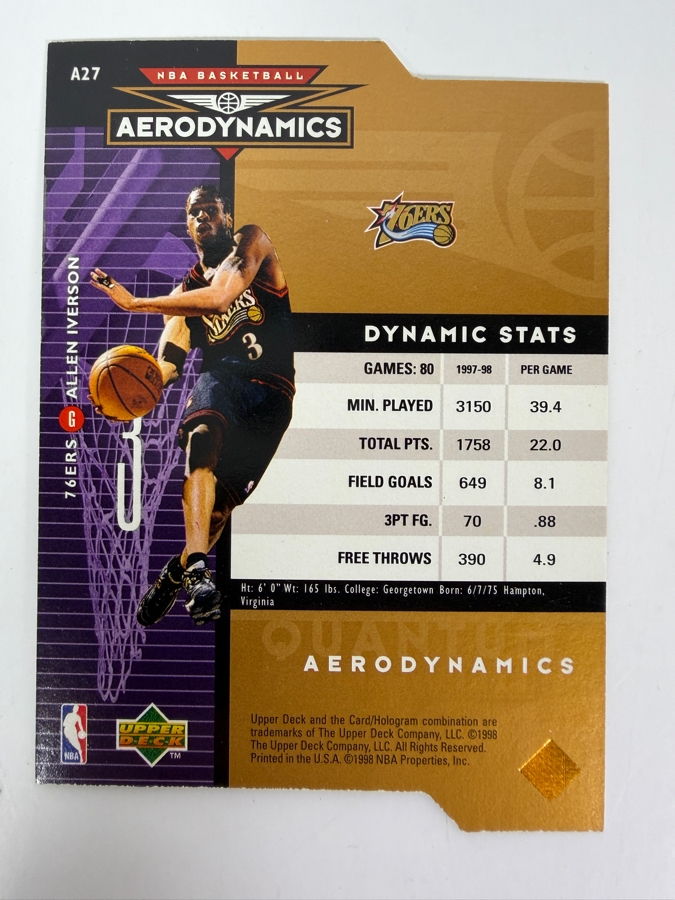 Limited Edition Die-cut 1998-99 Upper Deck AeroDynamics Bronze #A27 Allen Iverson NBA Basketball Card [Photo 3]