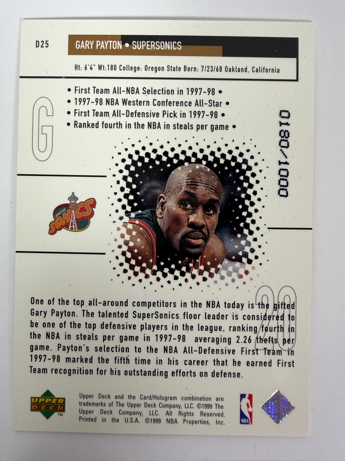Limited Edition 1998-99 Upper Deck Black Diamond Diamond Dominance Gary Payton NBA Basketball Card [Photo 2]
