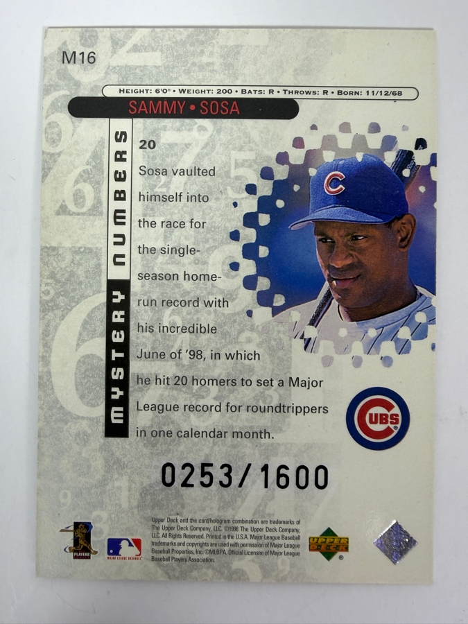 Limited Edition 1999 Upper Deck Black Diamond 'Mystery Numbers' #16 Sammy Sosa MLB Baseball Card [Photo 2]