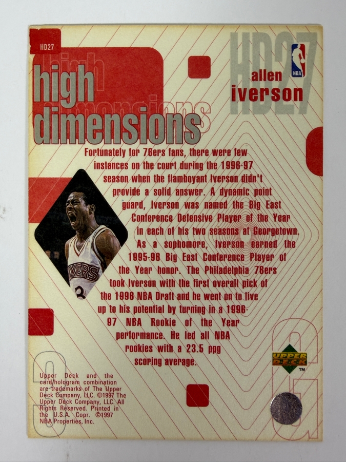 Limited Edition 1997 Upper Deck High Dimensions Allen Iverson #HD27 NBA Basketball Card [Photo 2]