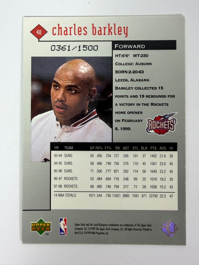 Limited Edition 1998-99 Upper Deck Black Diamond Charles Barkley #40 NBA Basketball Card [Photo 2]