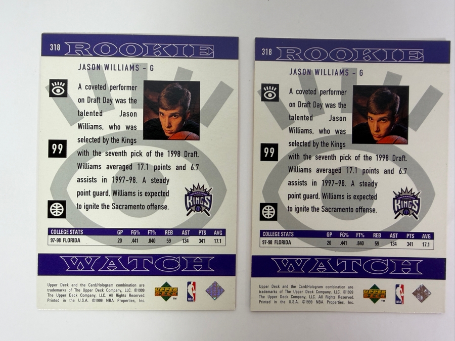 Pair Of 1998 Upper Deck #318 Jason Williams Rookie Watch NBA Basketball Cards [Photo 3]