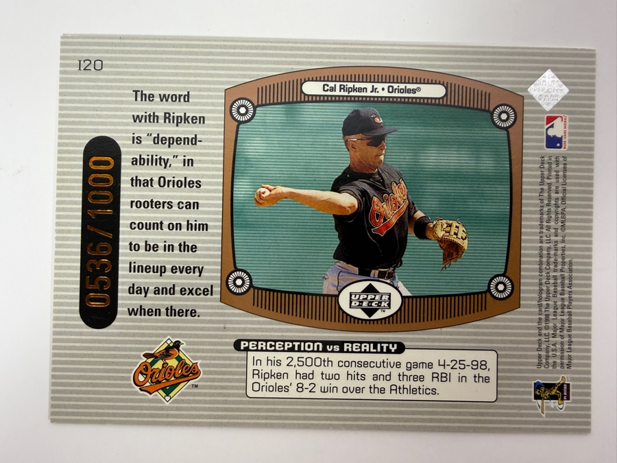Limited Edition 1999 Upper Deck Immaculate Perception Cal Ripken Jr. #120 Insert MLB Baseball Card [Photo 2]