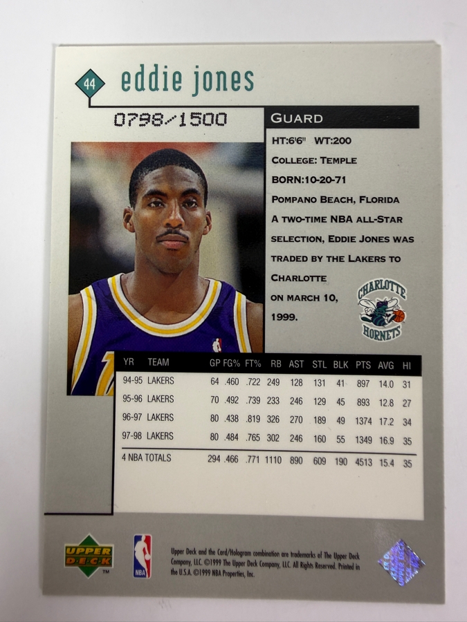 Limited Edition 1998-99 Upper Deck Black Diamond Eddie Jones NBA Basketball Card [Photo 2]