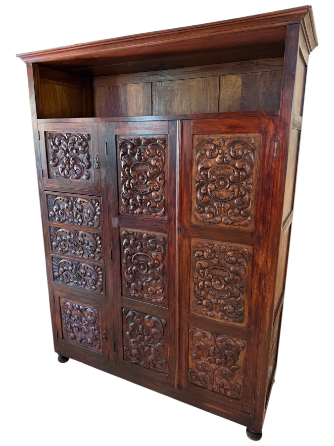 Just Added - Antique Spanish Colonial Style Hand-Carved Hardwood Cabinet Hutch With Floral Relief Panels 54'W X 22'D X 76'H
