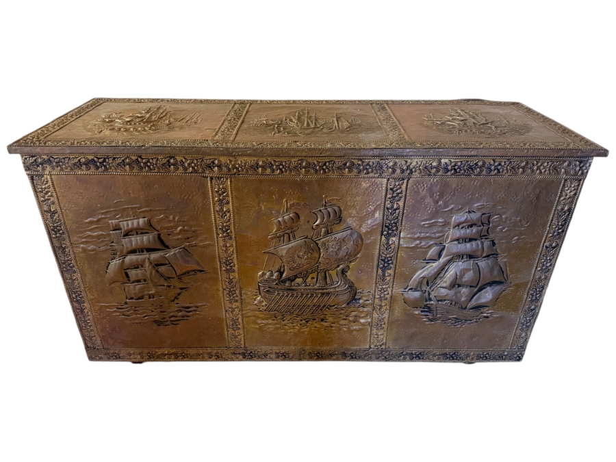Just Added - Vintage Embossed Brass Clad Wood Fireplace Kindling Box Trunk With Nautical Sailing Ships 42'W X 15'D X 22'H