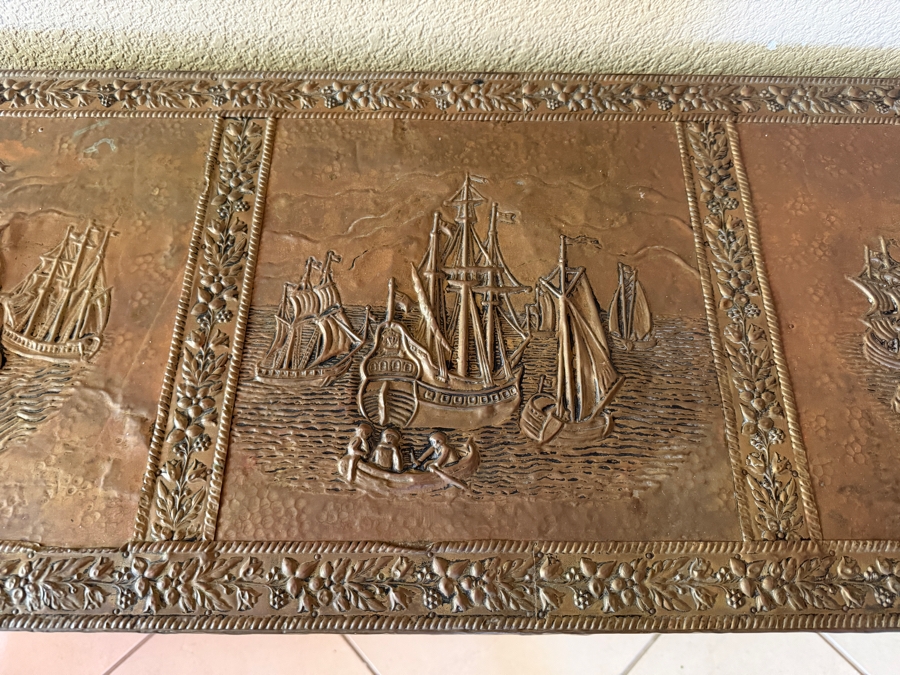 Just Added - Vintage Embossed Brass Clad Wood Fireplace Kindling Box Trunk With Nautical Sailing Ships 42'W X 15'D X 22'H [Photo 3]