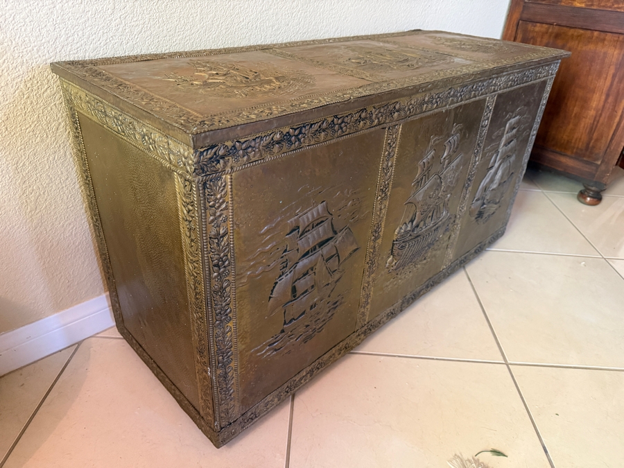 Just Added - Vintage Embossed Brass Clad Wood Fireplace Kindling Box Trunk With Nautical Sailing Ships 42'W X 15'D X 22'H [Photo 5]