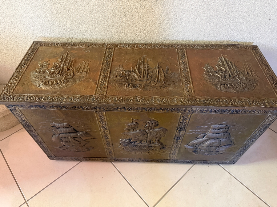 Just Added - Vintage Embossed Brass Clad Wood Fireplace Kindling Box Trunk With Nautical Sailing Ships 42'W X 15'D X 22'H [Photo 2]
