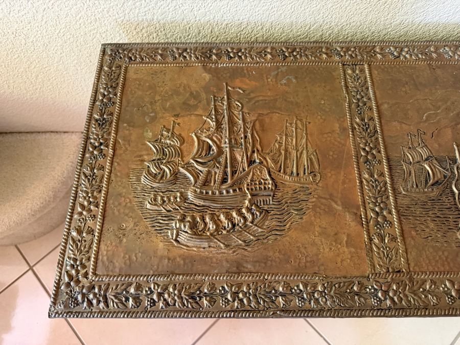 Just Added - Vintage Embossed Brass Clad Wood Fireplace Kindling Box Trunk With Nautical Sailing Ships 42'W X 15'D X 22'H [Photo 4]