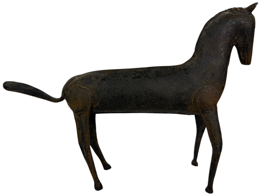 Just Added - Vintage Indian Archaic Style Stylized Cast Iron Primitive Folk Art Horse Sculpture 14'W X 9.5'H