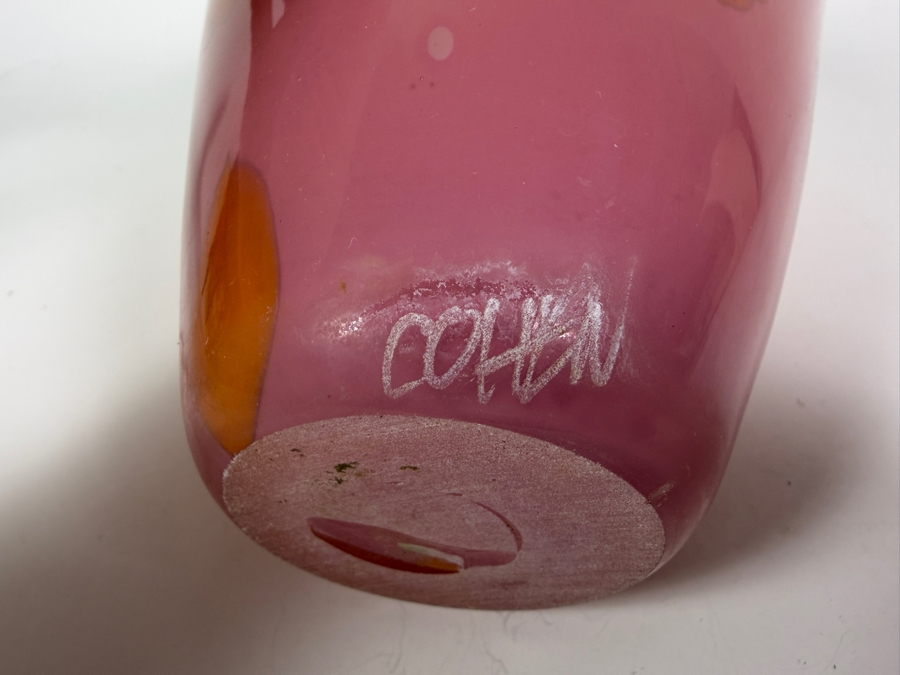 Just Added - Michael Cohen Signed Studio Art Glass Two Tone Pink And Amber Ovoid Vase 10'H [Photo 5]