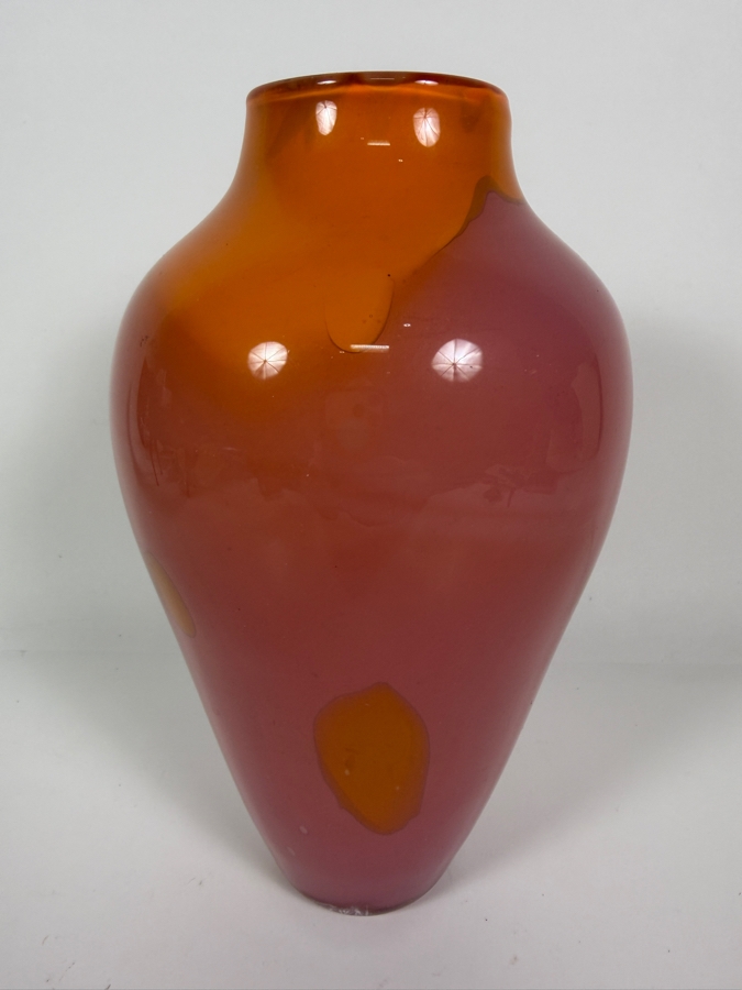 Just Added - Michael Cohen Signed Studio Art Glass Two Tone Pink And Amber Ovoid Vase 10'H [Photo 2]