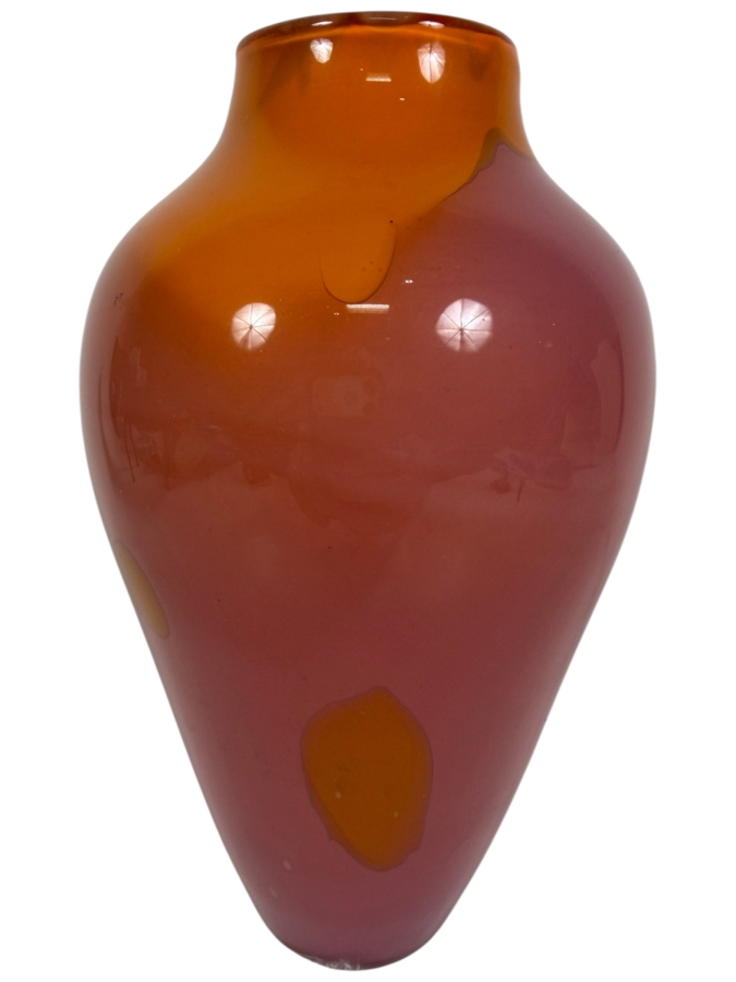 Just Added - Michael Cohen Signed Studio Art Glass Two Tone Pink And Amber Ovoid Vase 10'H