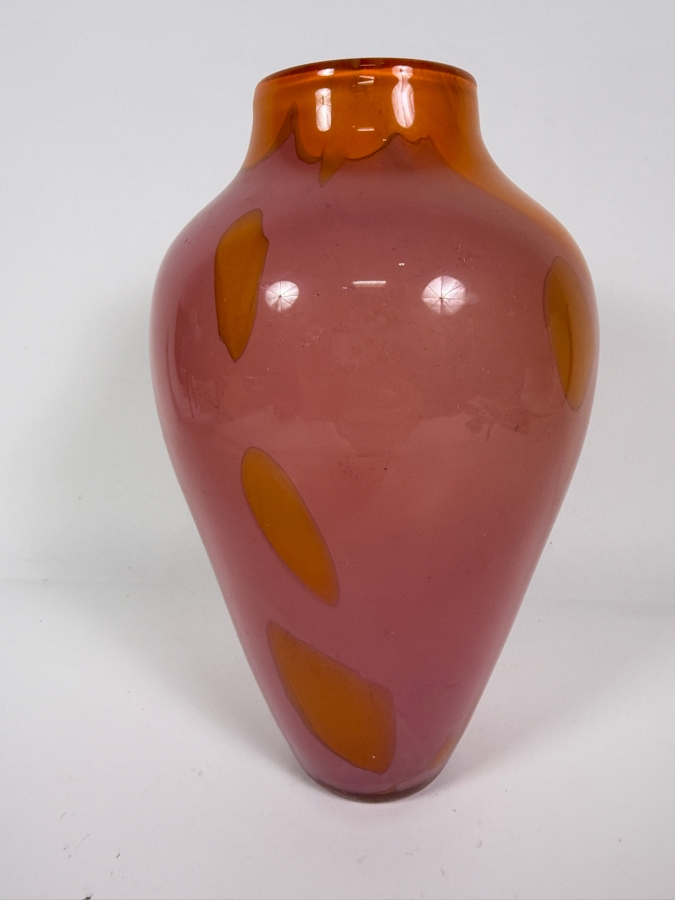 Just Added - Michael Cohen Signed Studio Art Glass Two Tone Pink And Amber Ovoid Vase 10'H [Photo 4]