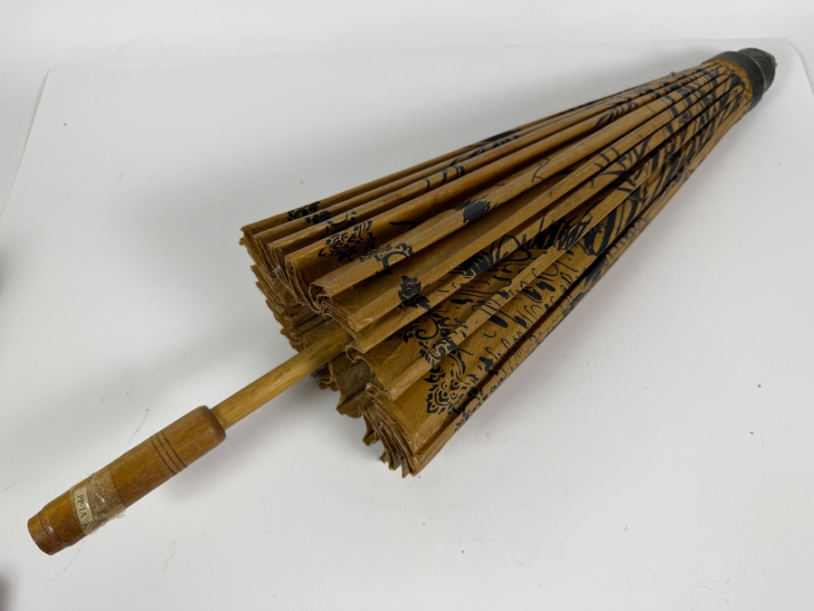 Just Added - Vintage Thai Gold Oil Paper Umbrella Parasol With Hand Painted Cranes And Bamboo 26'H [Photo 3]