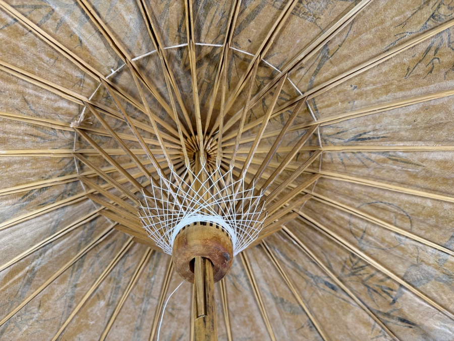 Just Added - Vintage Thai Gold Oil Paper Umbrella Parasol With Hand Painted Cranes And Bamboo 26'H [Photo 2]